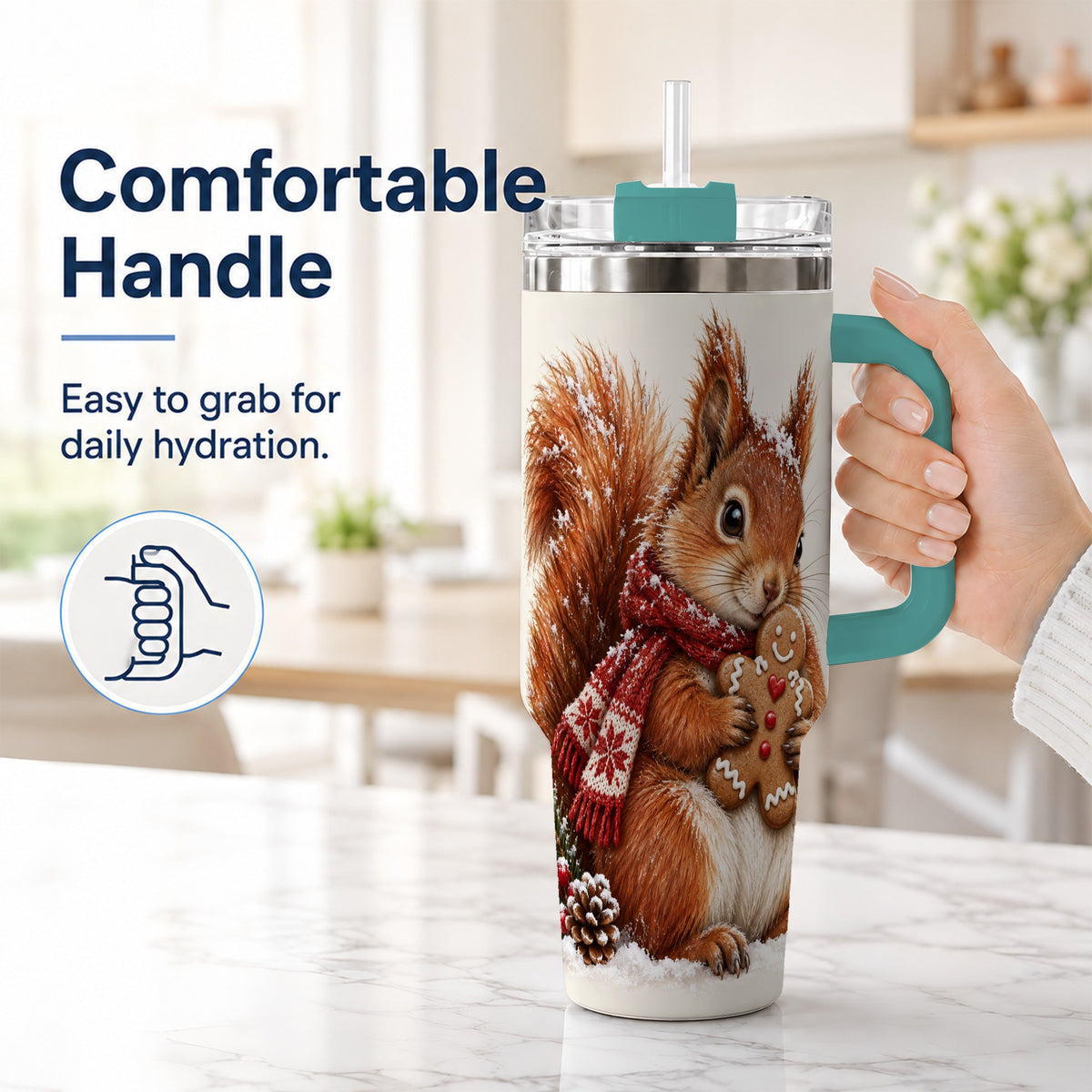 #pl[40oz|Green] Snowy Squirrel Tumbler 40oz, Cookie Tumbler, Stainless Steel Travel Cup