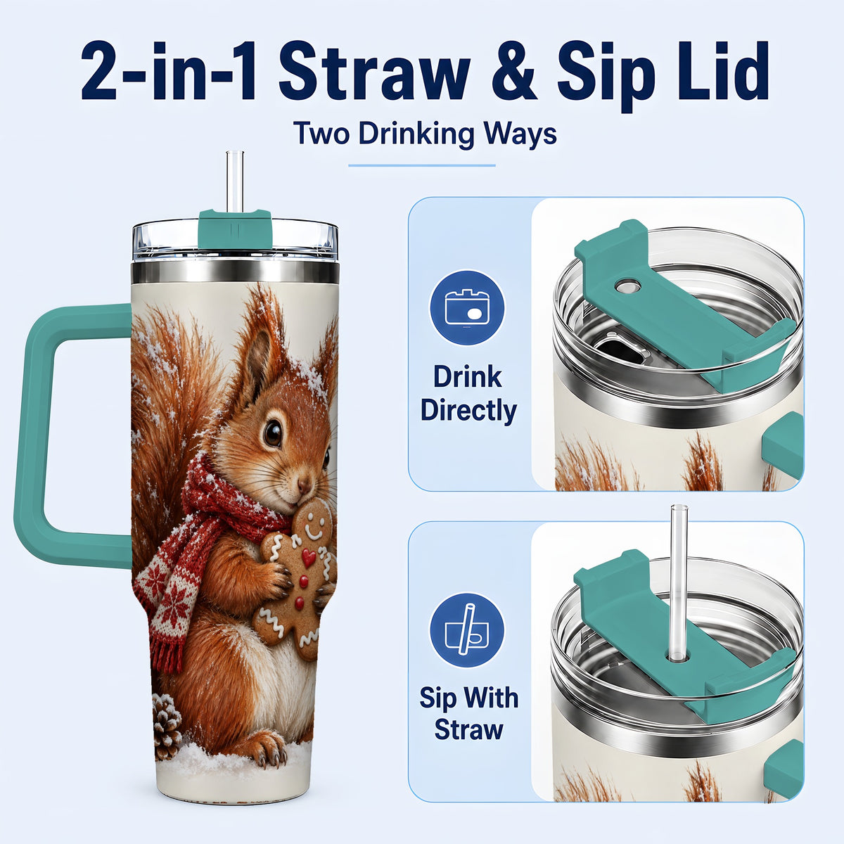 #pl[40oz|Green] Snowy Squirrel Tumbler 40oz, Cookie Tumbler, Stainless Steel Travel Cup