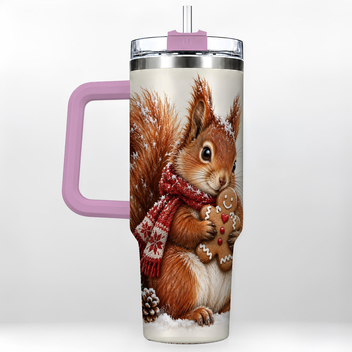 #pl[40oz|Pink] Snowy Squirrel Tumbler 40oz, Cookie Tumbler, Stainless Steel Travel Cup