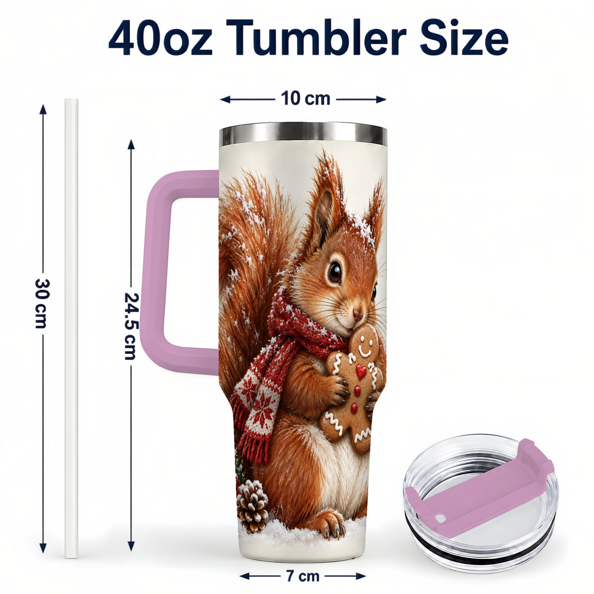 #pl[40oz|Pink] Snowy Squirrel Tumbler 40oz, Cookie Tumbler, Stainless Steel Travel Cup