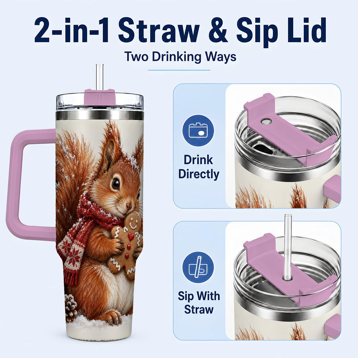 #pl[40oz|Pink] Snowy Squirrel Tumbler 40oz, Cookie Tumbler, Stainless Steel Travel Cup