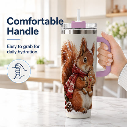 #pl[40oz|Pink] Snowy Squirrel Tumbler 40oz, Cookie Tumbler, Stainless Steel Travel Cup
