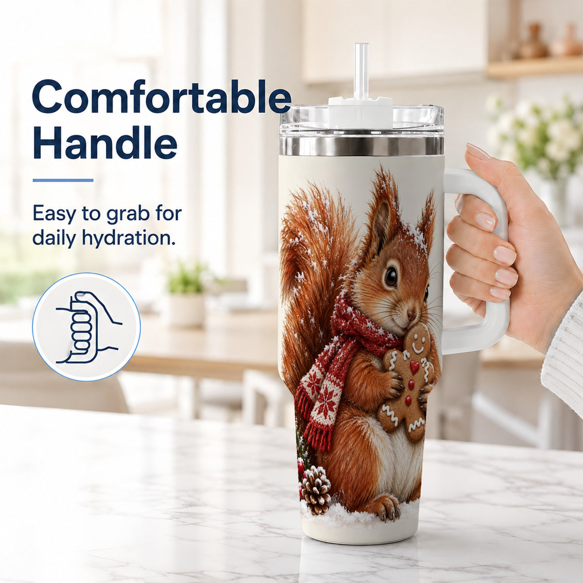 #pl[40oz|White] Snowy Squirrel Tumbler 40oz, Cookie Tumbler, Stainless Steel Travel Cup