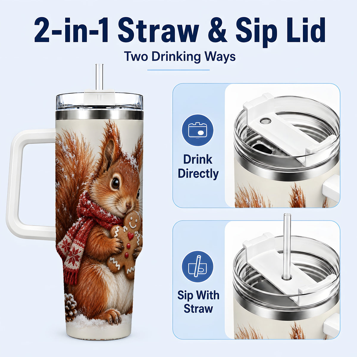 #pl[40oz|White] Snowy Squirrel Tumbler 40oz, Cookie Tumbler, Stainless Steel Travel Cup