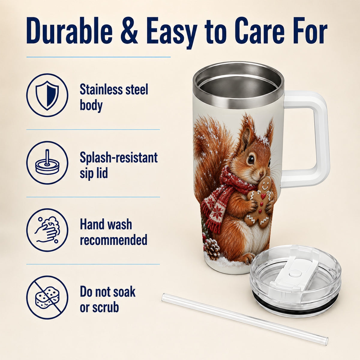 Snowy Squirrel Tumbler 40oz, Cookie Tumbler, Stainless Steel Travel Cup