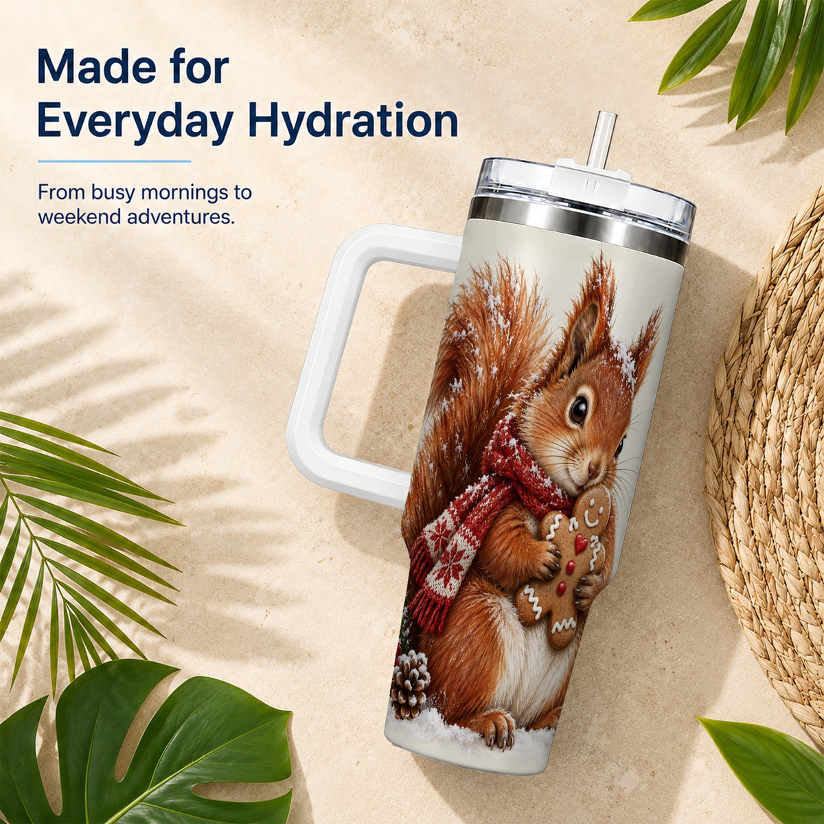 Snowy Squirrel Tumbler 40oz, Cookie Tumbler, Stainless Steel Travel Cup