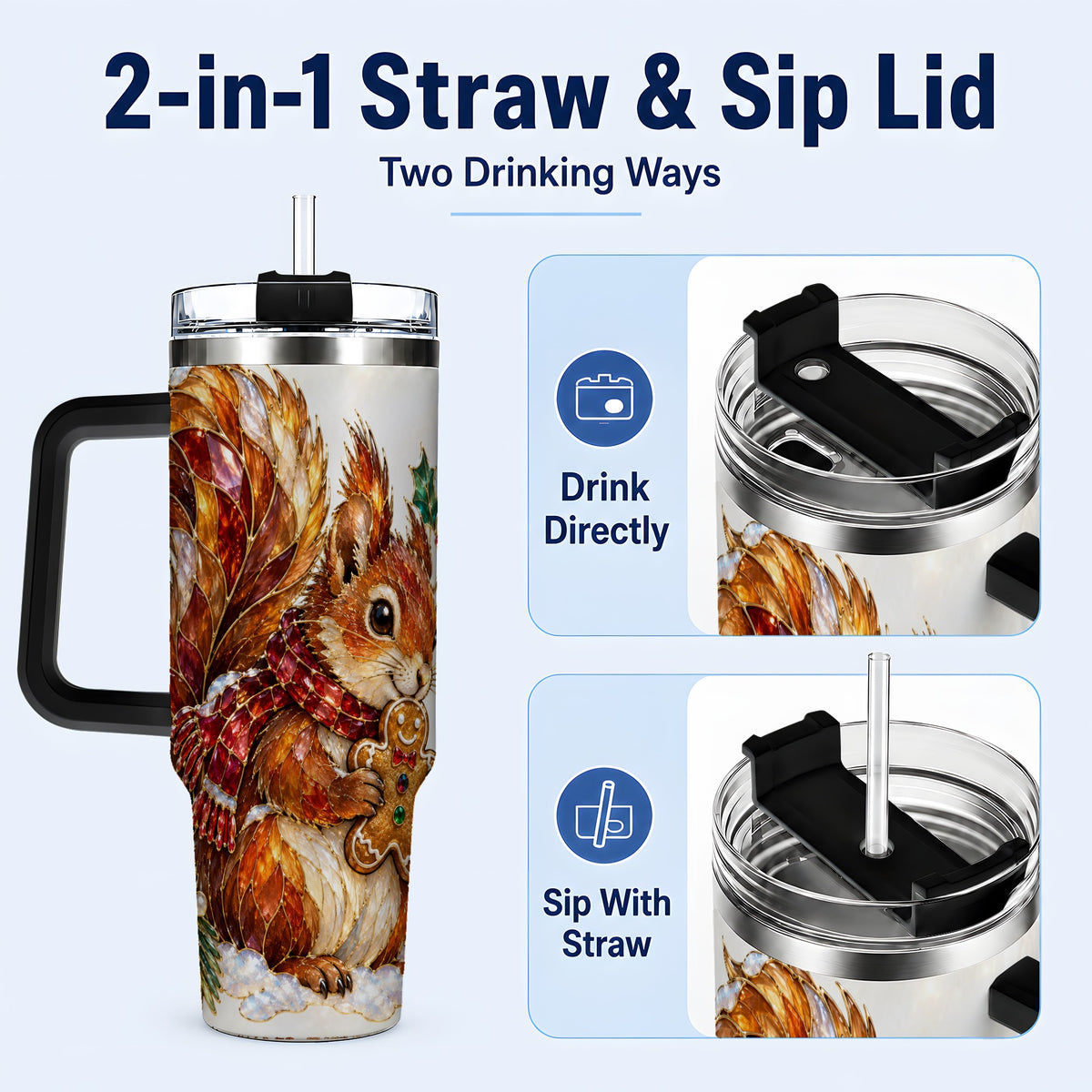 #pl[40oz|Black] Glass Squirrel Tumbler 40oz, Winter Tumbler, Stainless Steel Travel Cup