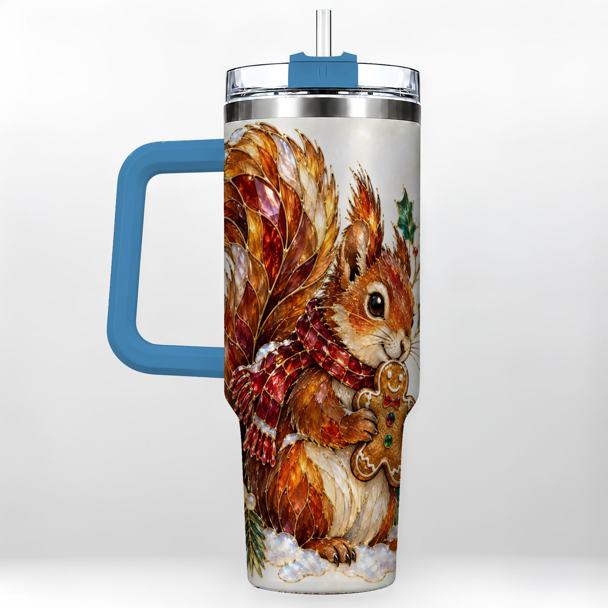 #pl[40oz|Blue] Glass Squirrel Tumbler 40oz, Winter Tumbler, Stainless Steel Travel Cup
