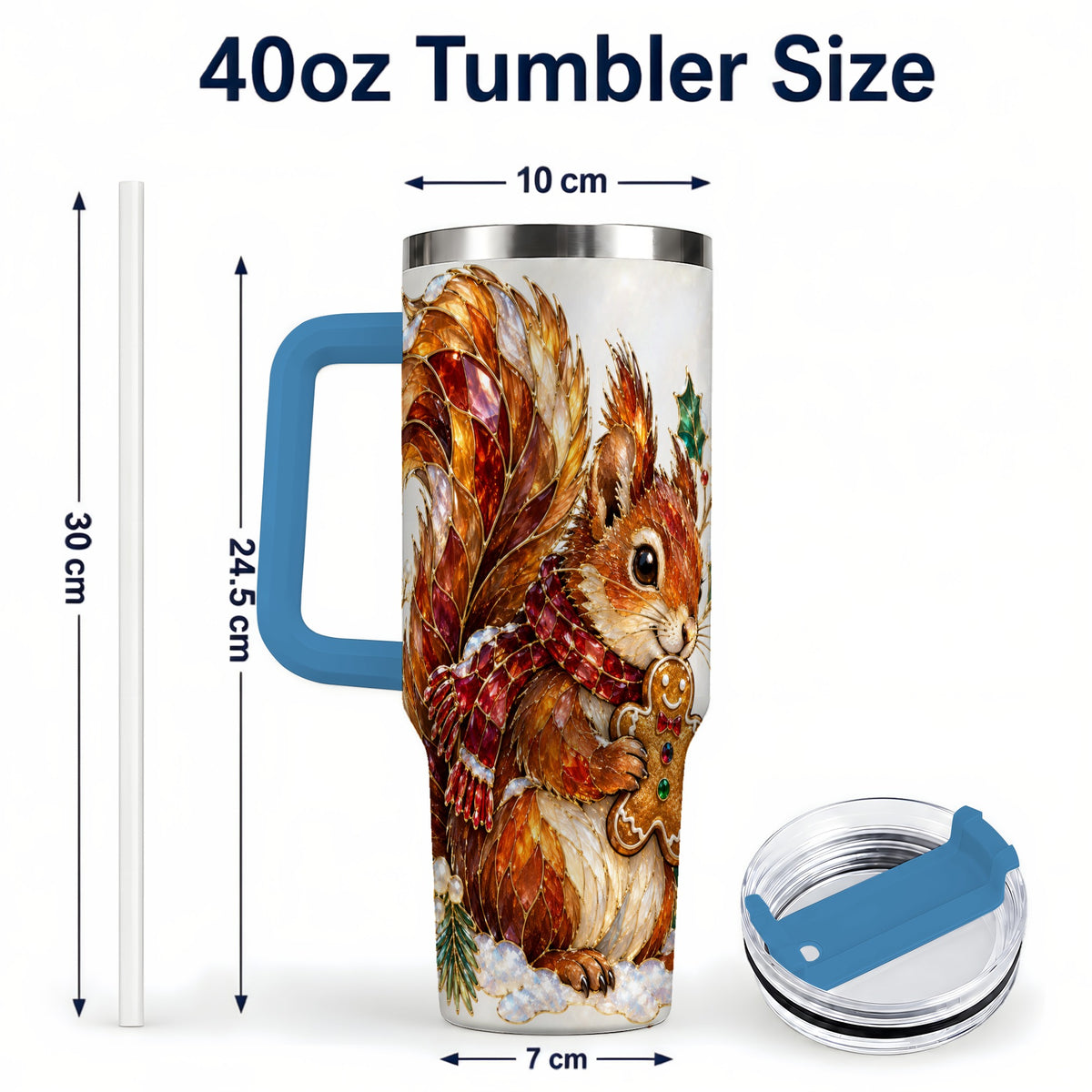 #pl[40oz|Blue] Glass Squirrel Tumbler 40oz, Winter Tumbler, Stainless Steel Travel Cup