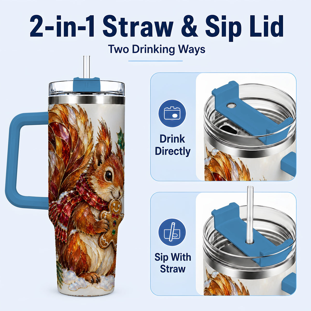 #pl[40oz|Blue] Glass Squirrel Tumbler 40oz, Winter Tumbler, Stainless Steel Travel Cup