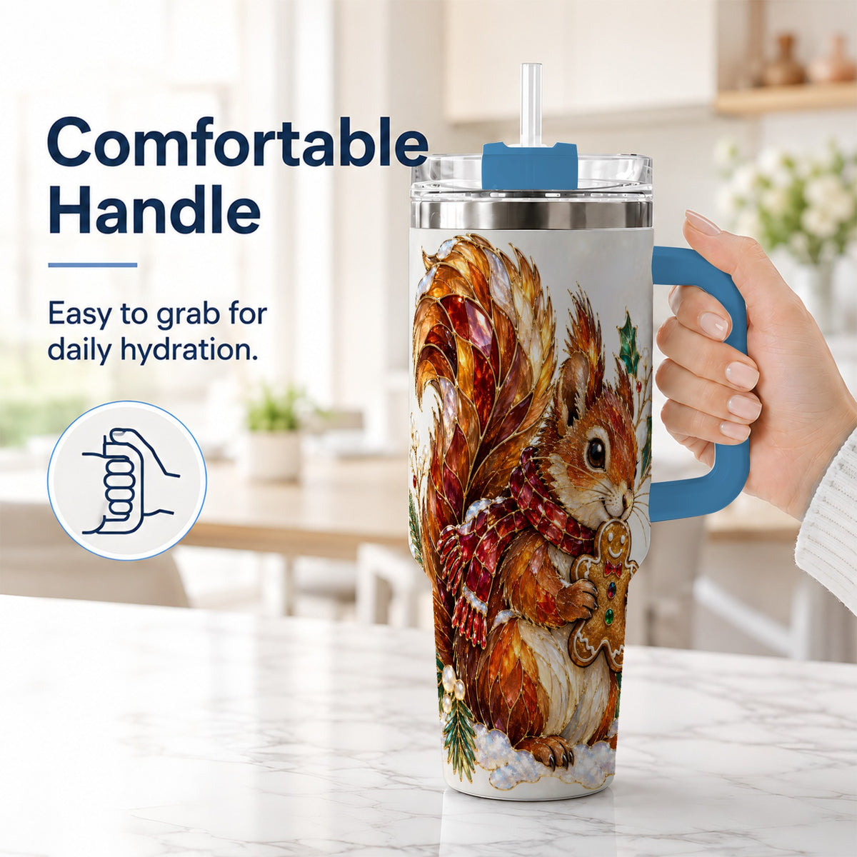 #pl[40oz|Blue] Glass Squirrel Tumbler 40oz, Winter Tumbler, Stainless Steel Travel Cup