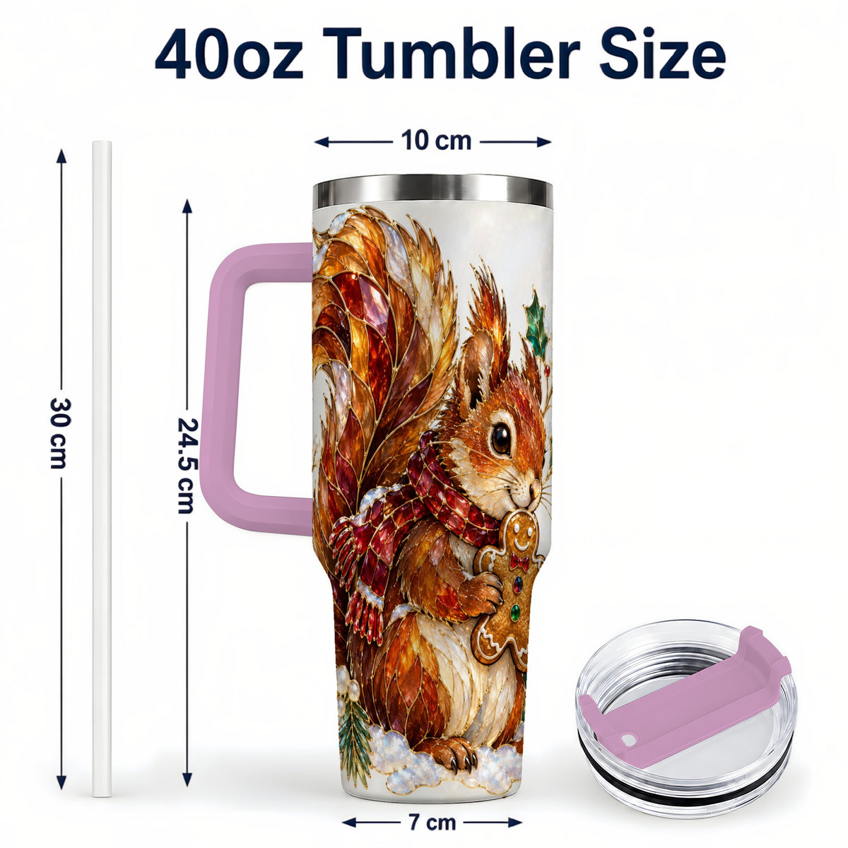 #pl[40oz|Pink] Glass Squirrel Tumbler 40oz, Winter Tumbler, Stainless Steel Travel Cup