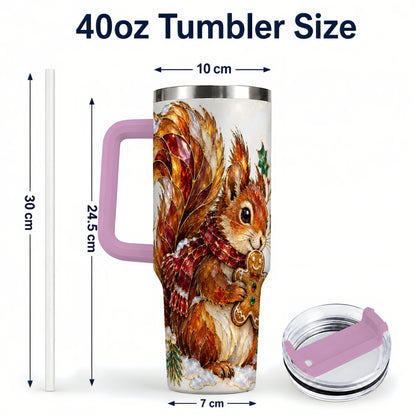 #pl[40oz|Pink] Glass Squirrel Tumbler 40oz, Winter Tumbler, Stainless Steel Travel Cup