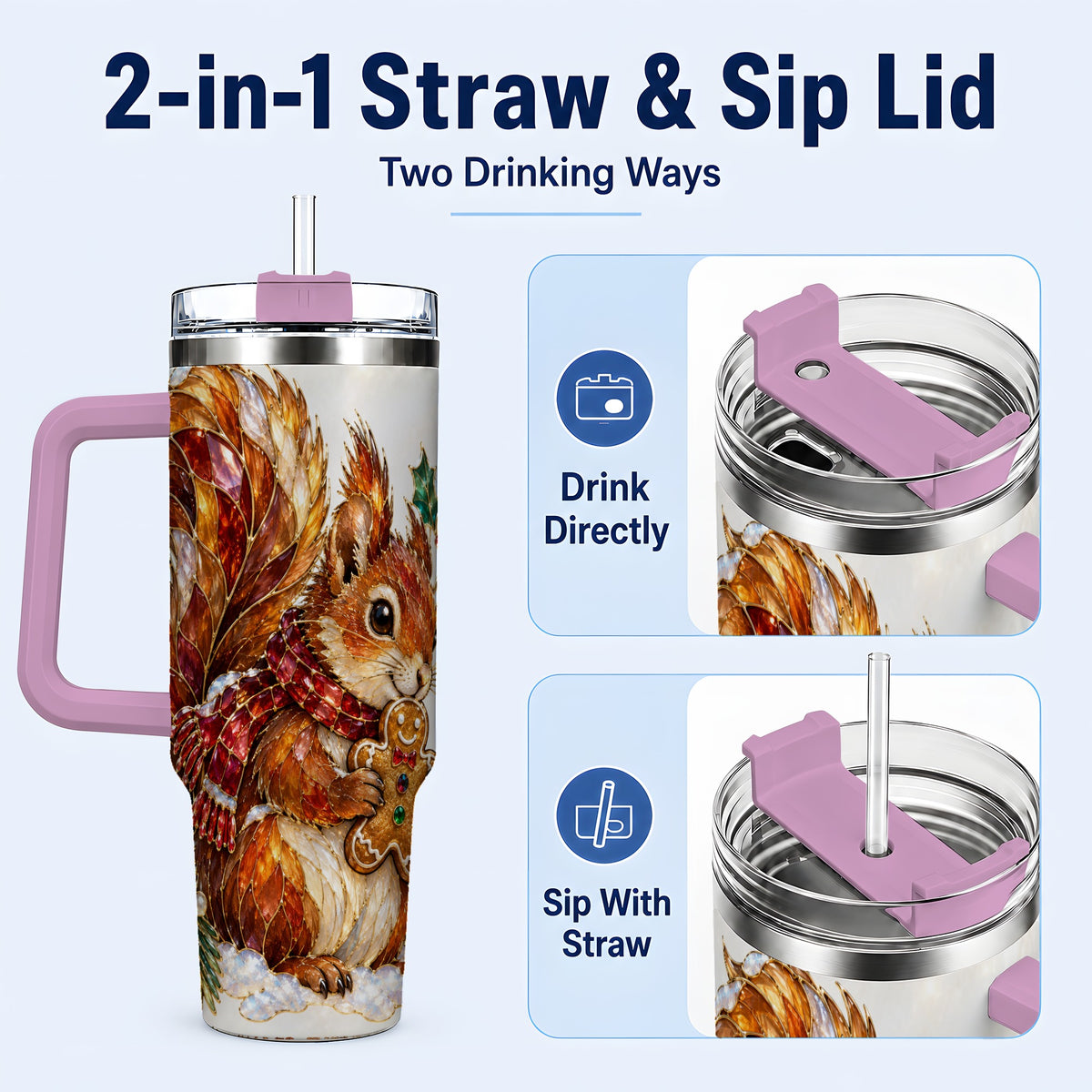 #pl[40oz|Pink] Glass Squirrel Tumbler 40oz, Winter Tumbler, Stainless Steel Travel Cup