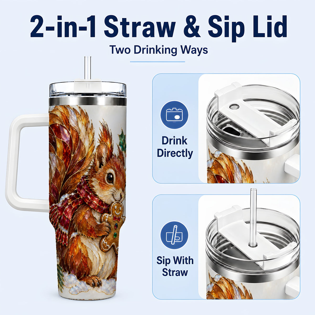 #pl[40oz|White] Glass Squirrel Tumbler 40oz, Winter Tumbler, Stainless Steel Travel Cup