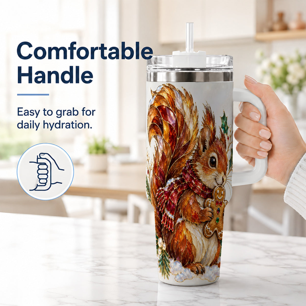 #pl[40oz|White] Glass Squirrel Tumbler 40oz, Winter Tumbler, Stainless Steel Travel Cup