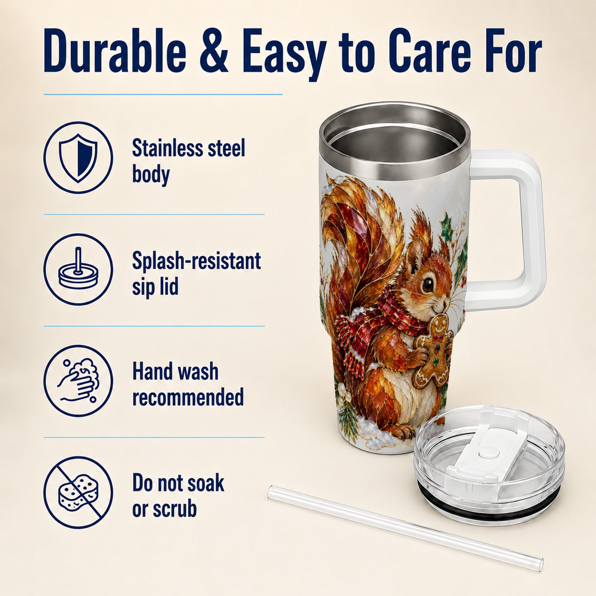 Glass Squirrel Tumbler 40oz, Winter Tumbler, Stainless Steel Travel Cup