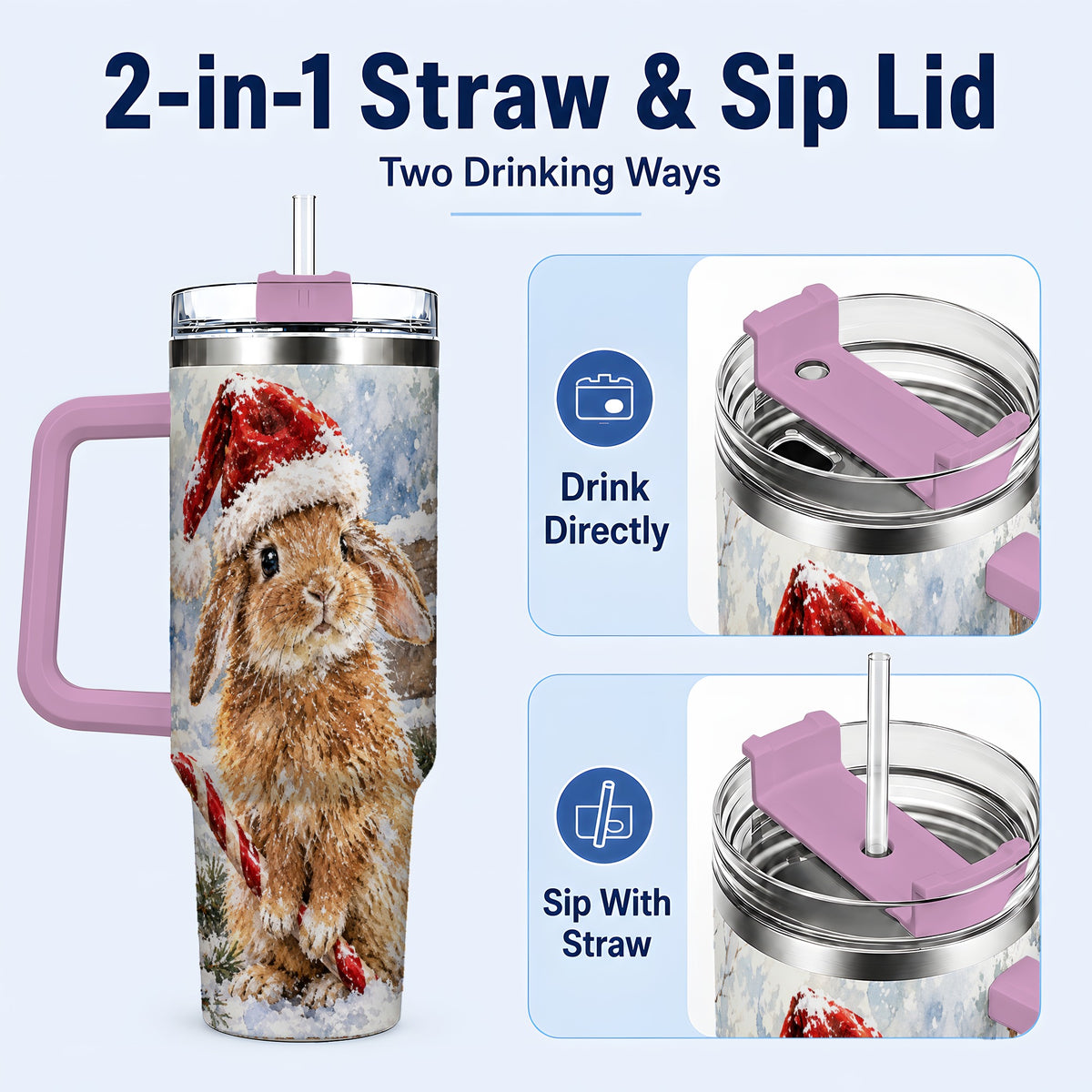 #pl[40oz|Pink] Christmas Bunny 40oz Tumbler, Rabbit Stainless Steel Travel Cup