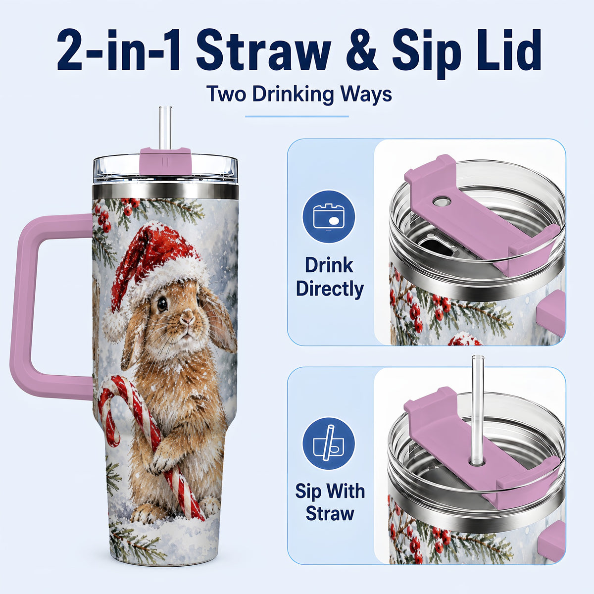 #pl[40oz|Pink] Winter Bunny 40oz Tumbler, Rabbit Stainless Steel Travel Cup