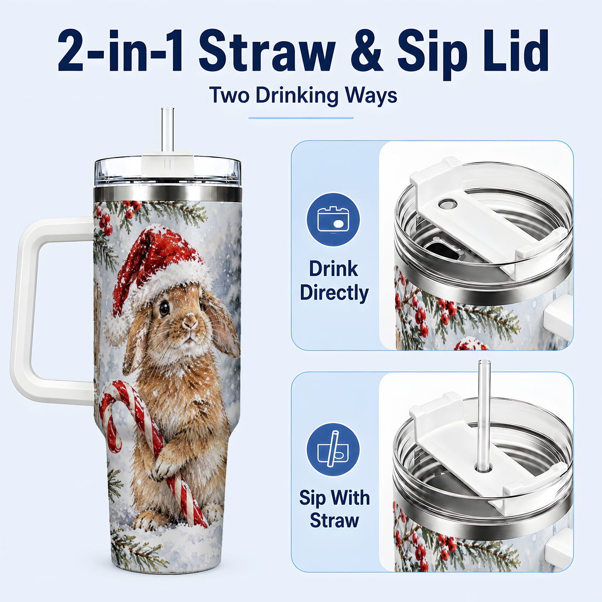 #pl[40oz|White] Winter Bunny 40oz Tumbler, Rabbit Stainless Steel Travel Cup