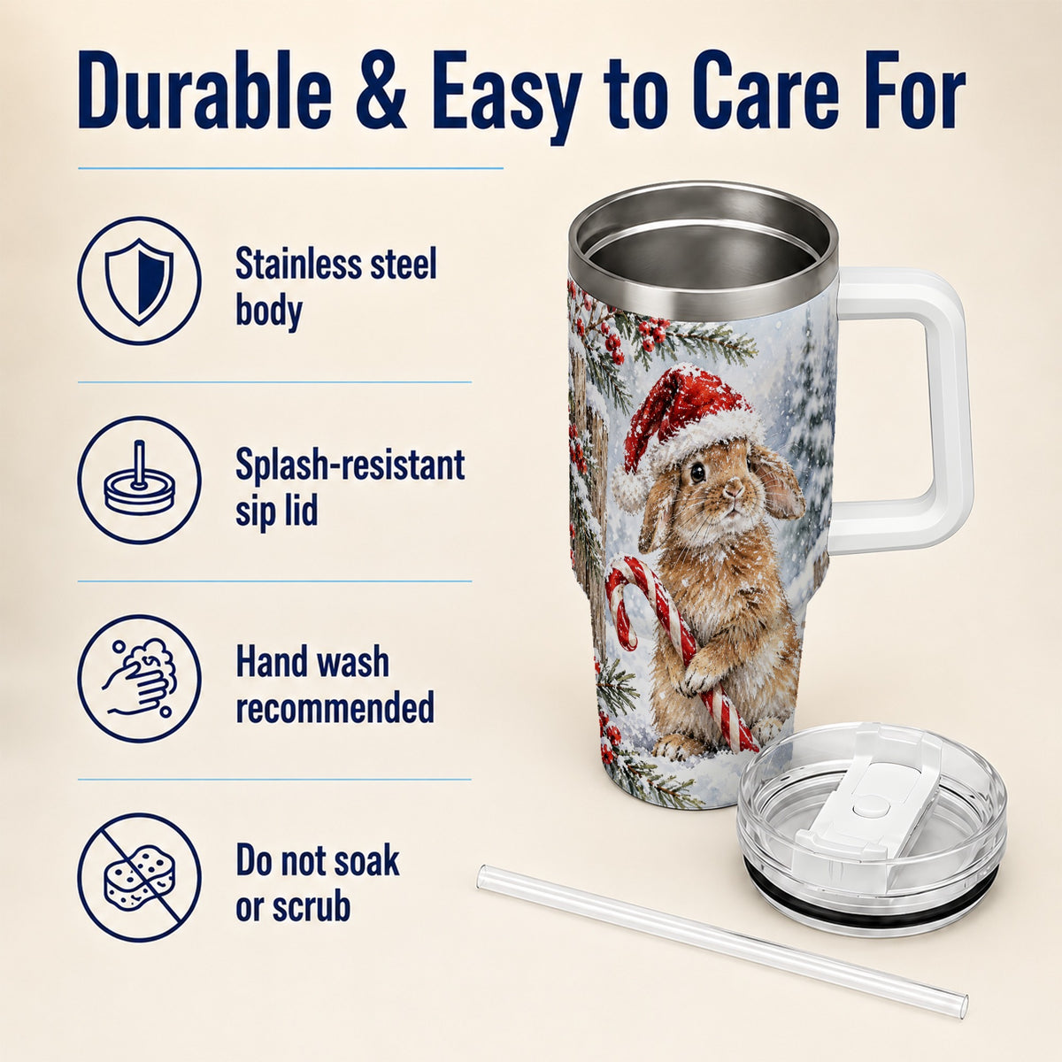 Winter Bunny 40oz Tumbler, Rabbit Stainless Steel Travel Cup