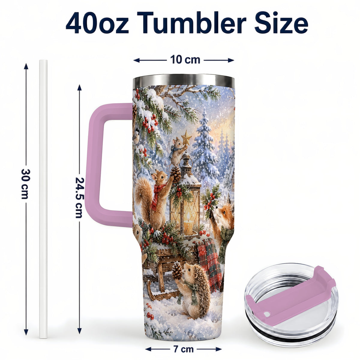 #pl[40oz|Pink] Woodland 40oz Tumbler, Winter Animals Stainless Steel Travel Cup