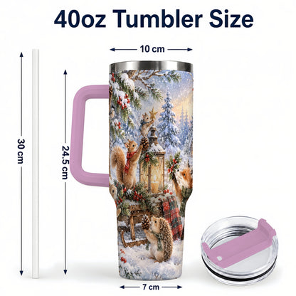 #pl[40oz|Pink] Woodland 40oz Tumbler, Winter Animals Stainless Steel Travel Cup