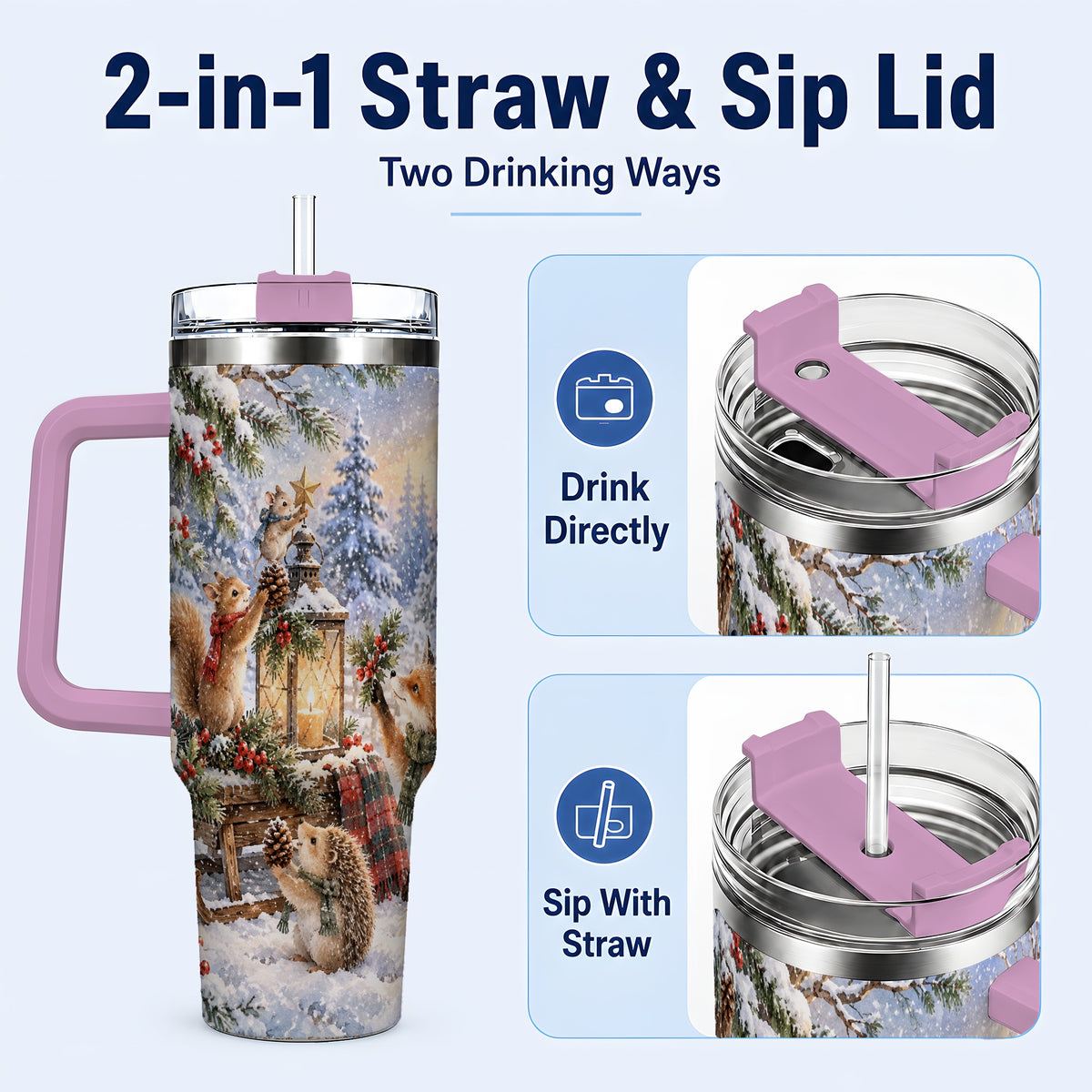 #pl[40oz|Pink] Woodland 40oz Tumbler, Winter Animals Stainless Steel Travel Cup