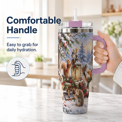 #pl[40oz|Pink] Woodland 40oz Tumbler, Winter Animals Stainless Steel Travel Cup