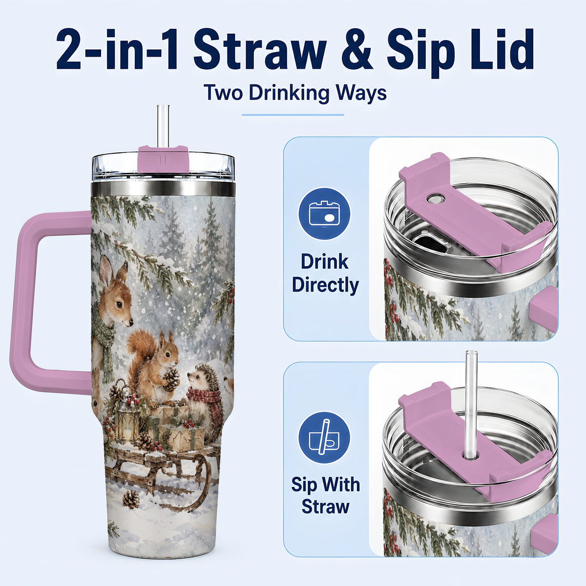 #pl[40oz|Pink] Woodland 40oz Tumbler, Forest Animals Stainless Steel Travel Cup