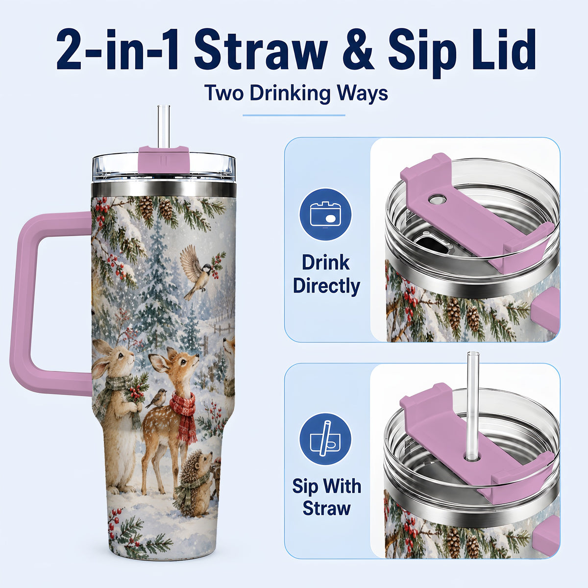 #pl[40oz|Pink] Woodland 40oz Tumbler, Forest Animals Stainless Steel Travel Cup