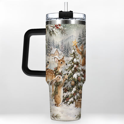 #pl[40oz|Black] Woodland Christmas 40oz Tumbler with Handle, Winter Animals Travel Cup
