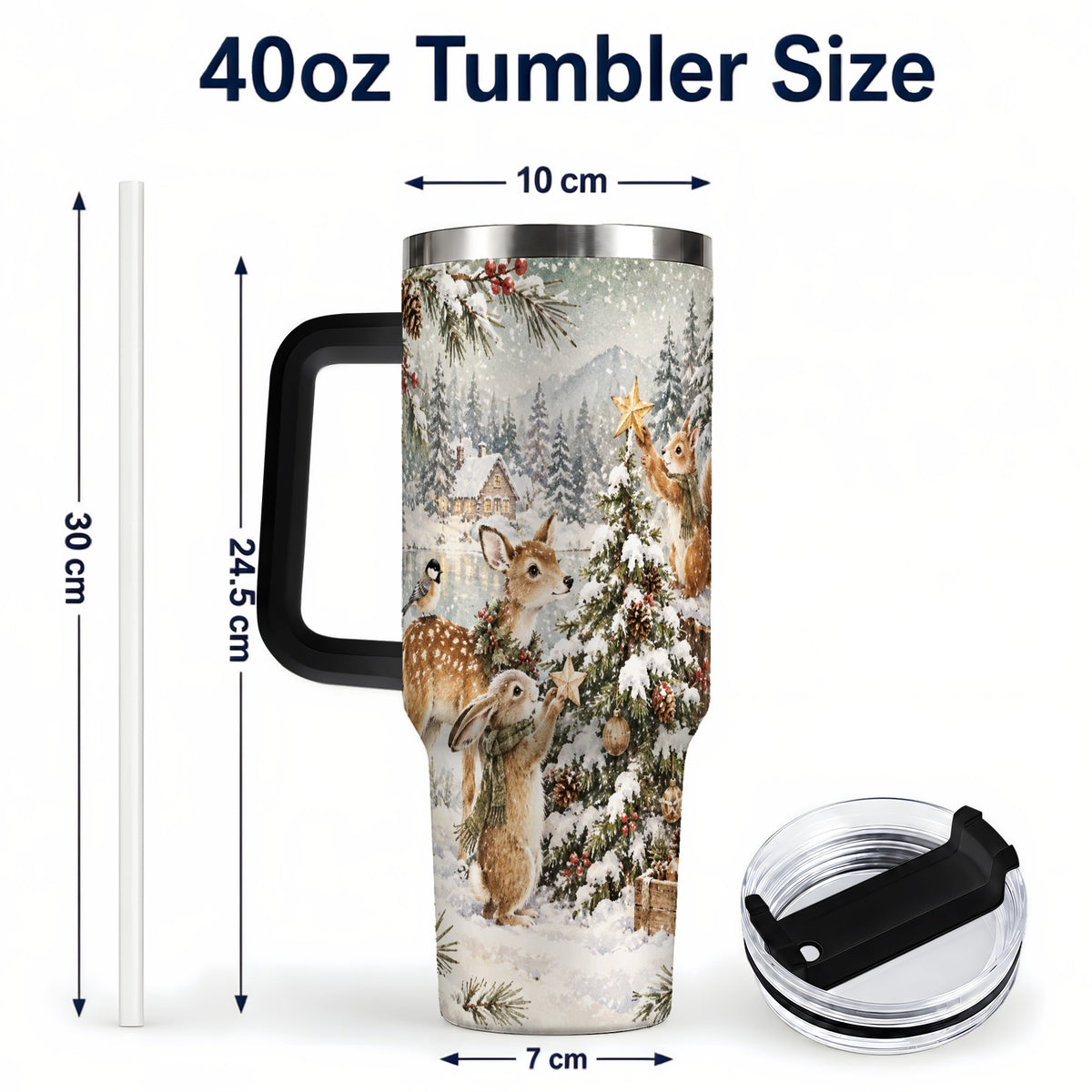#pl[40oz|Black] Woodland Christmas 40oz Tumbler with Handle, Winter Animals Travel Cup