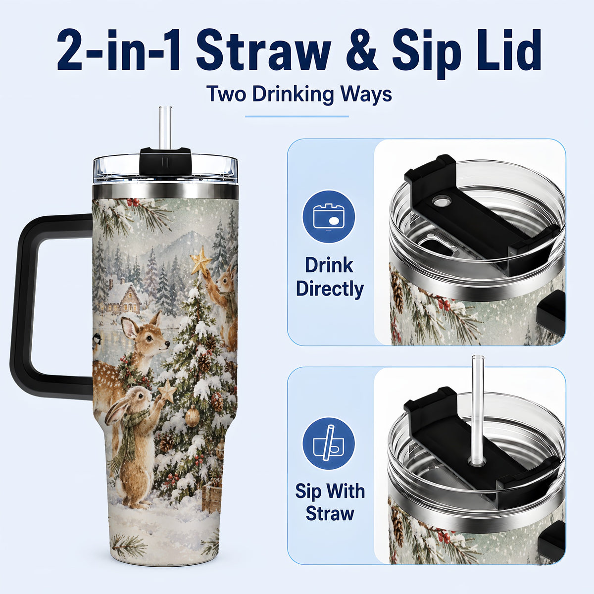 #pl[40oz|Black] Woodland Christmas 40oz Tumbler with Handle, Winter Animals Travel Cup