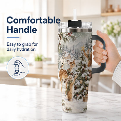#pl[40oz|Black] Woodland Christmas 40oz Tumbler with Handle, Winter Animals Travel Cup