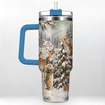 #pl[40oz|Blue] Woodland Christmas 40oz Tumbler with Handle, Winter Animals Travel Cup