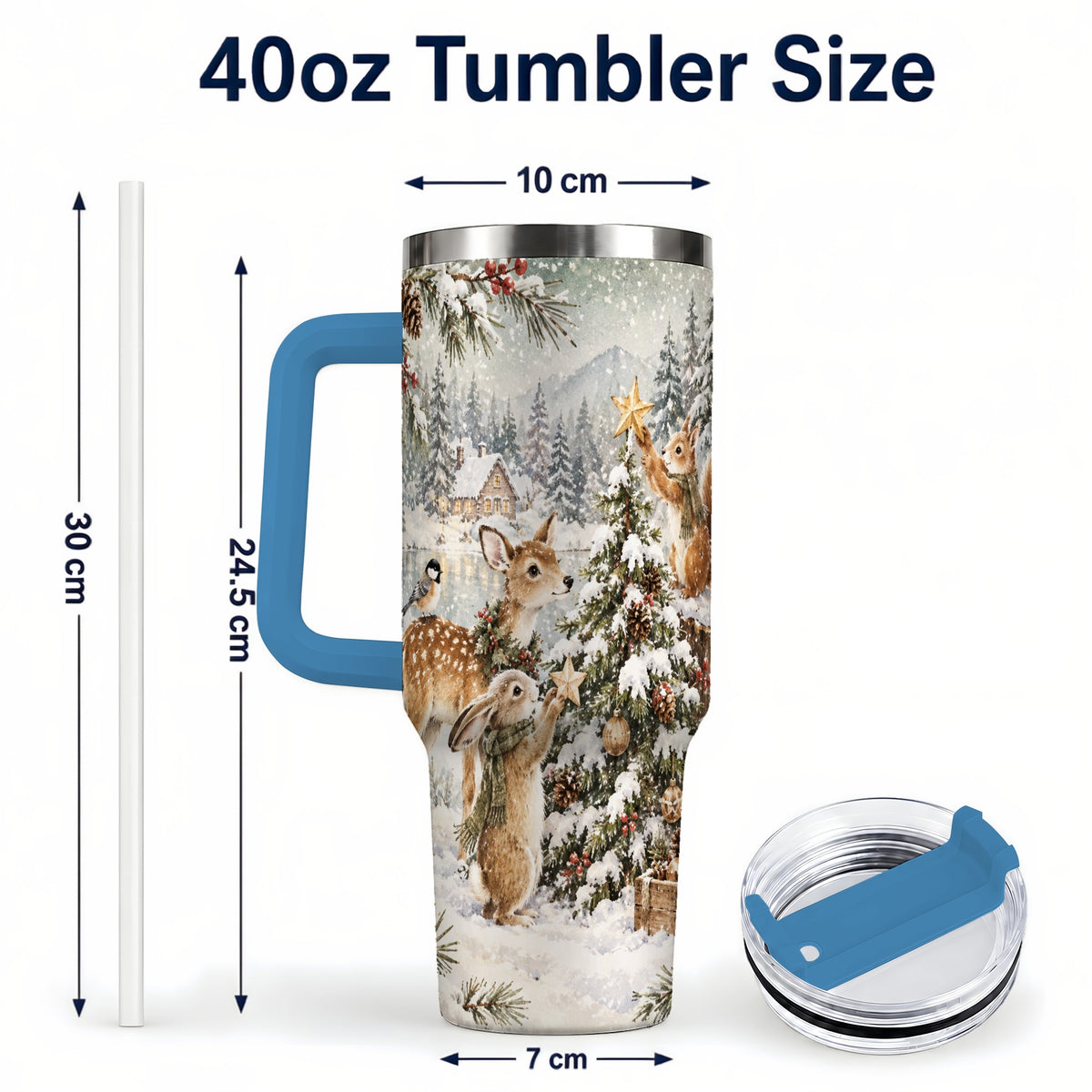 #pl[40oz|Blue] Woodland Christmas 40oz Tumbler with Handle, Winter Animals Travel Cup