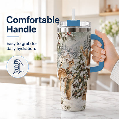 #pl[40oz|Blue] Woodland Christmas 40oz Tumbler with Handle, Winter Animals Travel Cup