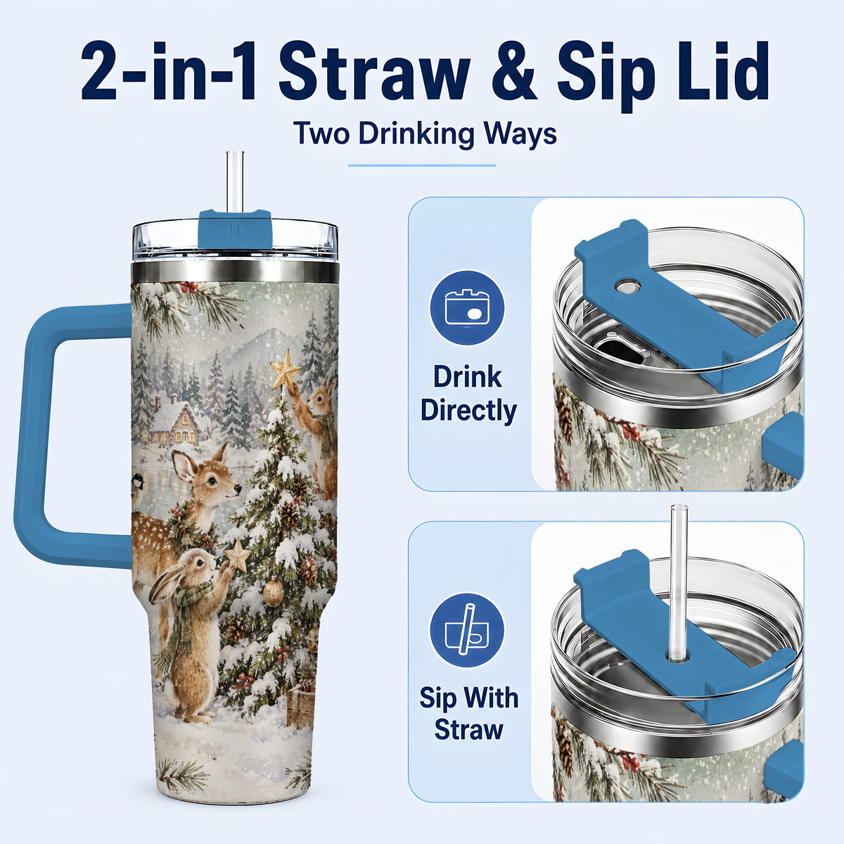 #pl[40oz|Blue] Woodland Christmas 40oz Tumbler with Handle, Winter Animals Travel Cup