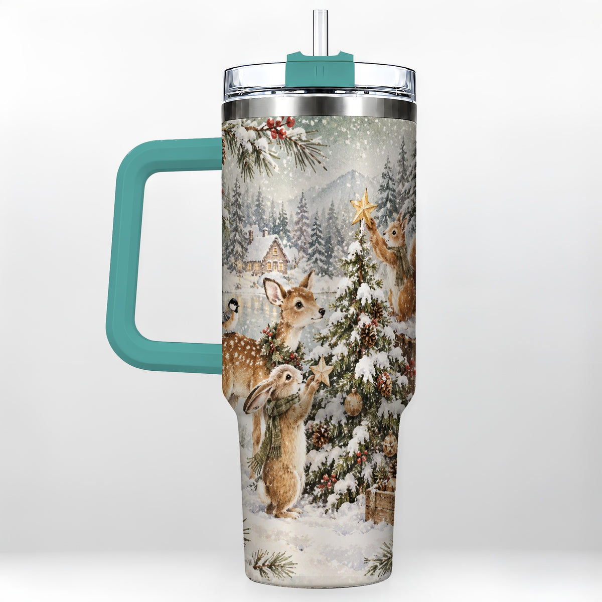 #pl[40oz|Green] Woodland Christmas 40oz Tumbler with Handle, Winter Animals Travel Cup