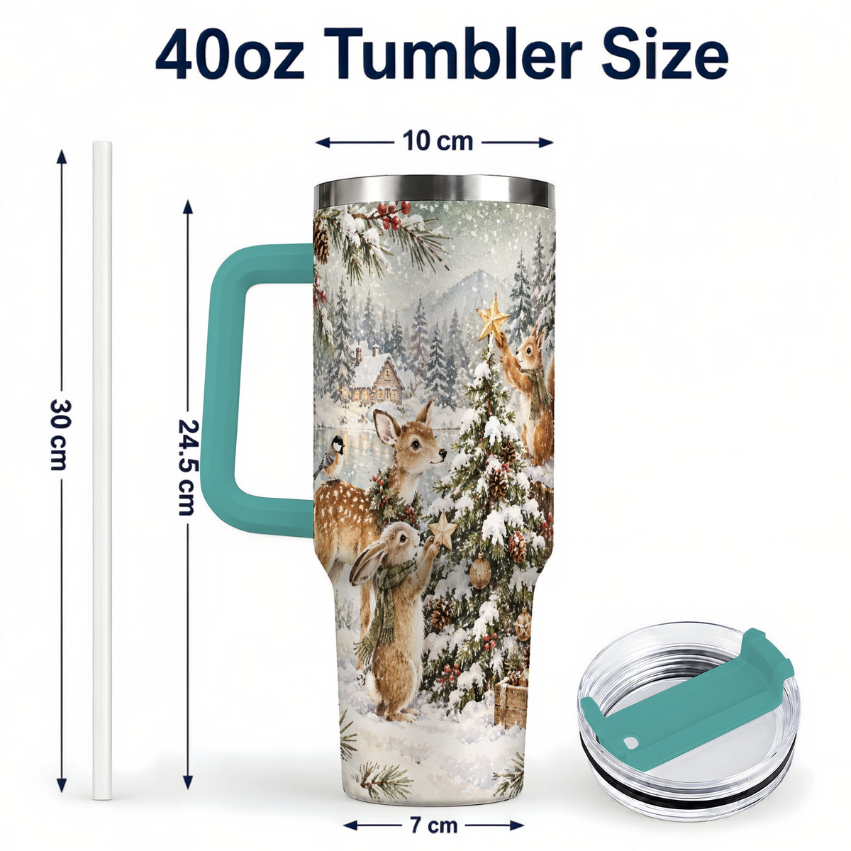#pl[40oz|Green] Woodland Christmas 40oz Tumbler with Handle, Winter Animals Travel Cup