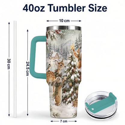 #pl[40oz|Green] Woodland Christmas 40oz Tumbler with Handle, Winter Animals Travel Cup