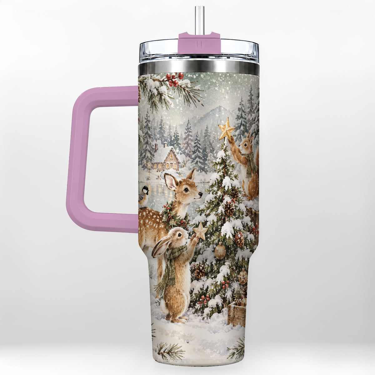 #pl[40oz|Pink] Woodland Christmas 40oz Tumbler with Handle, Winter Animals Travel Cup