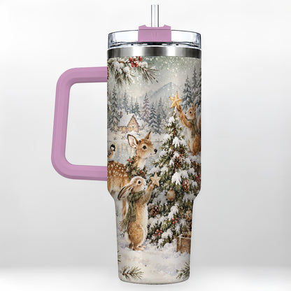 #pl[40oz|Pink] Woodland Christmas 40oz Tumbler with Handle, Winter Animals Travel Cup
