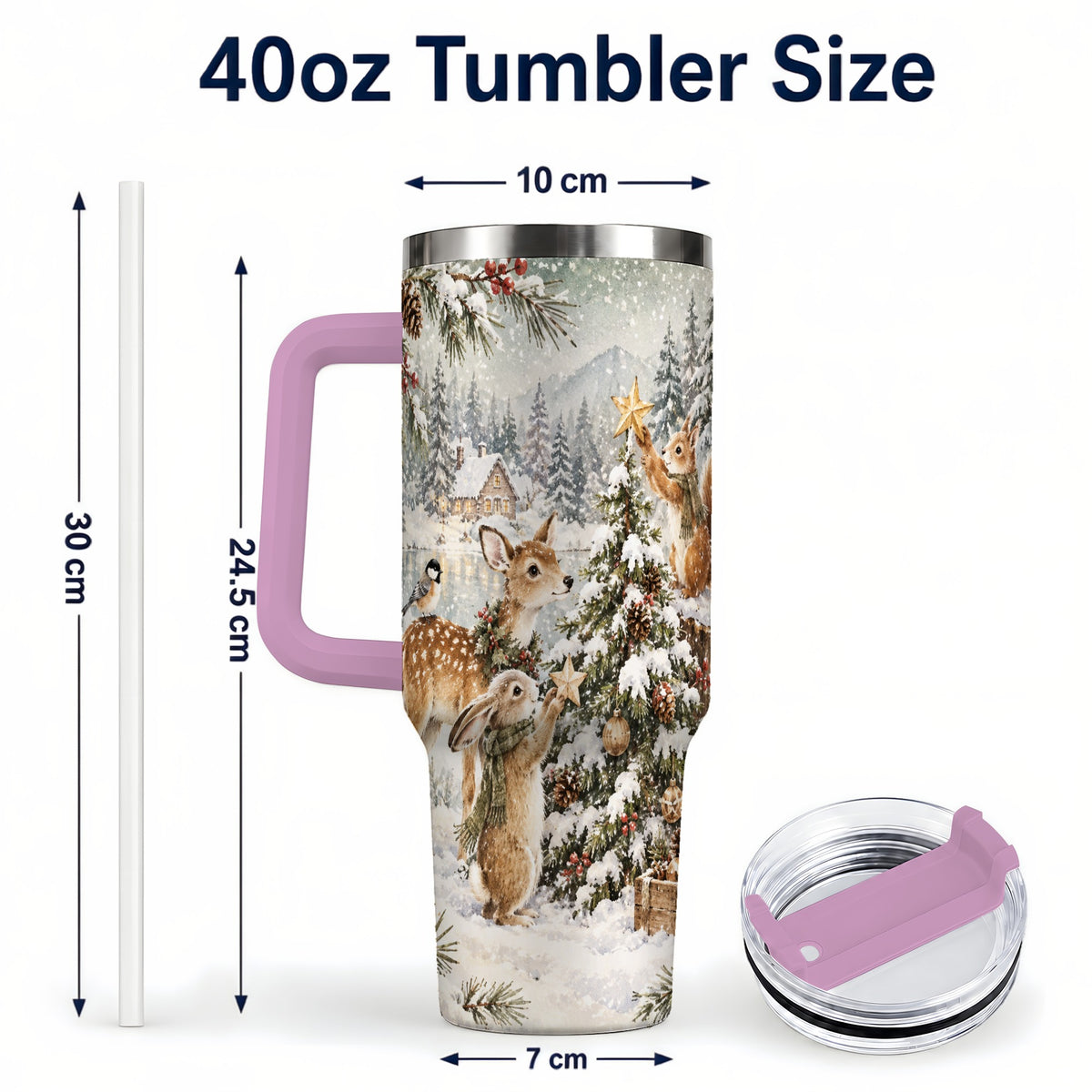#pl[40oz|Pink] Woodland Christmas 40oz Tumbler with Handle, Winter Animals Travel Cup