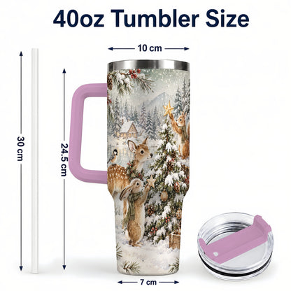 #pl[40oz|Pink] Woodland Christmas 40oz Tumbler with Handle, Winter Animals Travel Cup