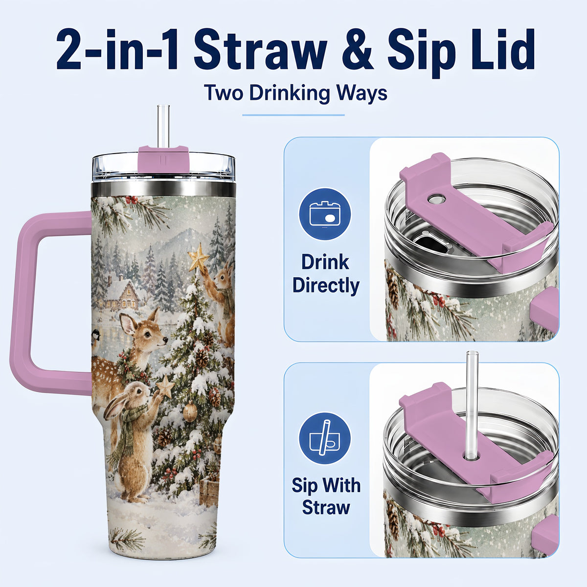 #pl[40oz|Pink] Woodland Christmas 40oz Tumbler with Handle, Winter Animals Travel Cup