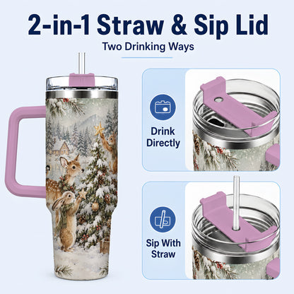 #pl[40oz|Pink] Woodland Christmas 40oz Tumbler with Handle, Winter Animals Travel Cup