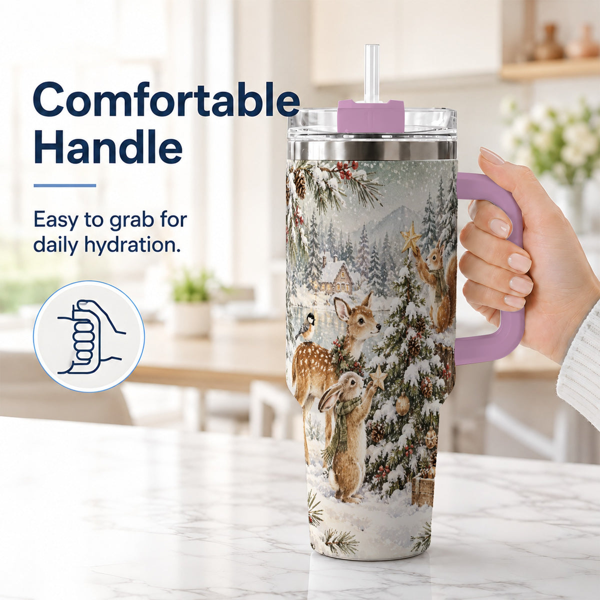 #pl[40oz|Pink] Woodland Christmas 40oz Tumbler with Handle, Winter Animals Travel Cup