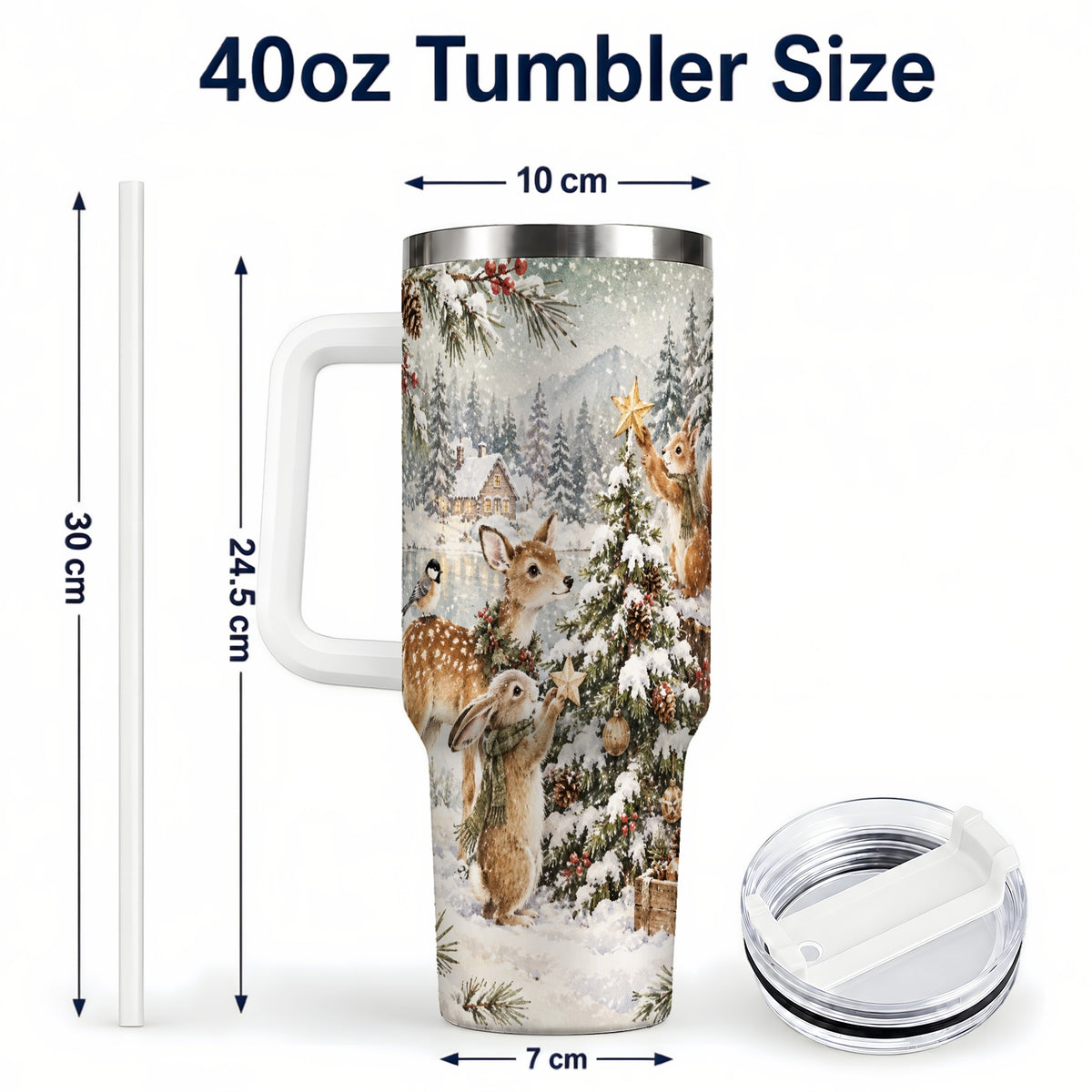 #pl[40oz|White] Woodland Christmas 40oz Tumbler with Handle, Winter Animals Travel Cup
